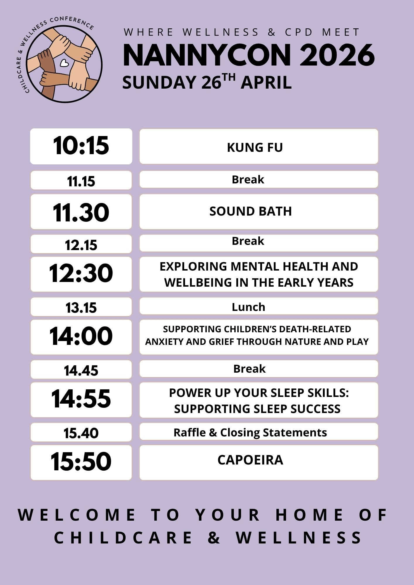 NannyCon 2026 schedule for Sunday 26th April featuring sessions from 10:15 AM Kung Fu to 3:50 PM Capoeira, including breaks, lunch, and talks on mental health, grief, and sleep skills.
