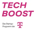 Logo für TECH BOOST, das Startup-Programm der Deutschen Telekom mit Firmenlogo darunter.