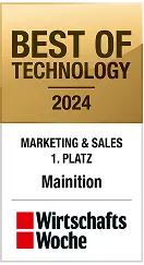 Goldfarbenes Best of Technology 2024 Banner mit Auszeichnung 1. Platz für Marketing & Sales, gesponsert von WirtschaftsWoche.