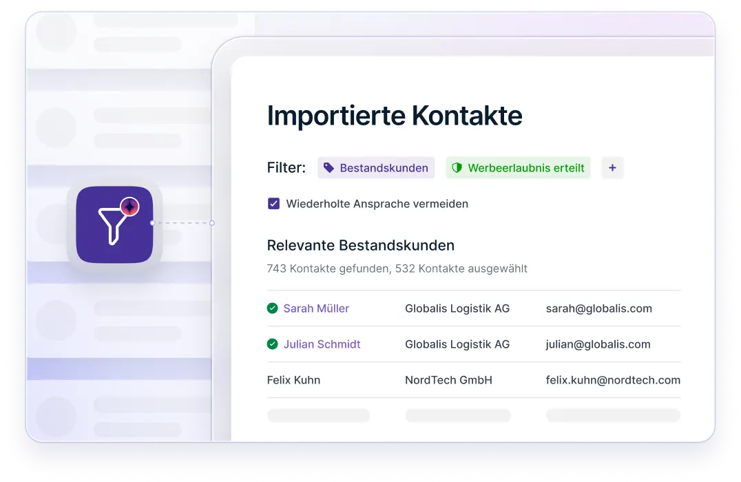 Benutzeroberfläche zeigt importierte Kontakte mit Filteroptionen für Bestandskunden und Werbeerlaubnis, sowie eine Liste von drei Kontakten mit Namen, Firmen und E-Mail-Adressen.