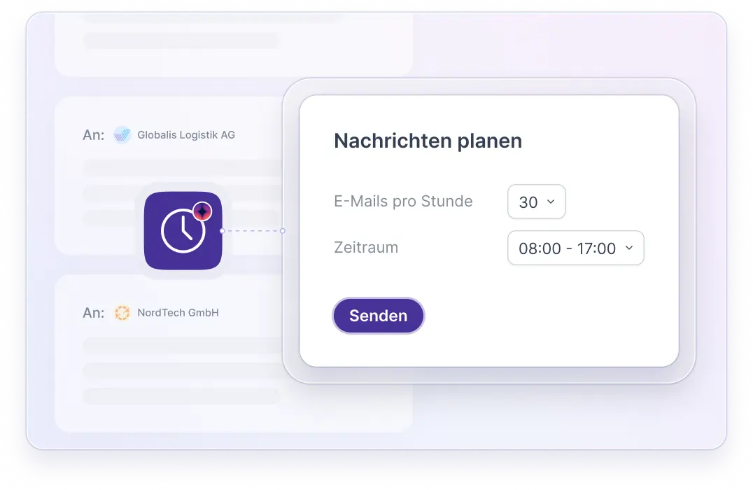 Benutzeroberfläche zum Planen von Nachrichten mit Einstellungen für 30 E-Mails pro Stunde im Zeitraum von 08:00 bis 17:00 Uhr und einem Senden-Button.