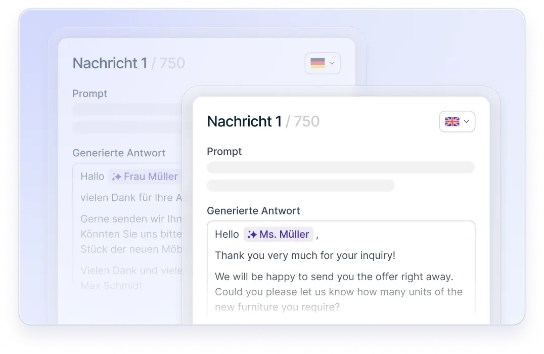 Zwei nebeneinander angezeigte Nachrichtenvorlagen, eine auf Deutsch und eine auf Englisch, jeweils mit Text für Kundenkommunikation.