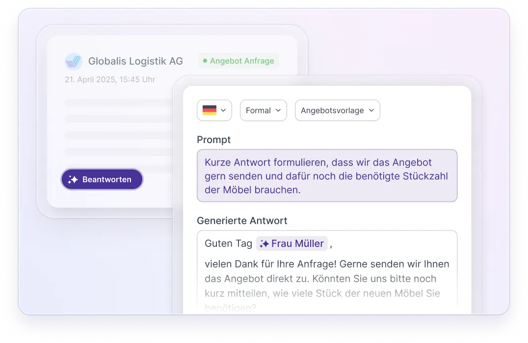 Benutzeroberfläche zeigt Formular für Angebotsantwort mit deutscher Spracheinstellung und Beispieltext zur Anfrage der benötigten Stückzahl von Möbeln.