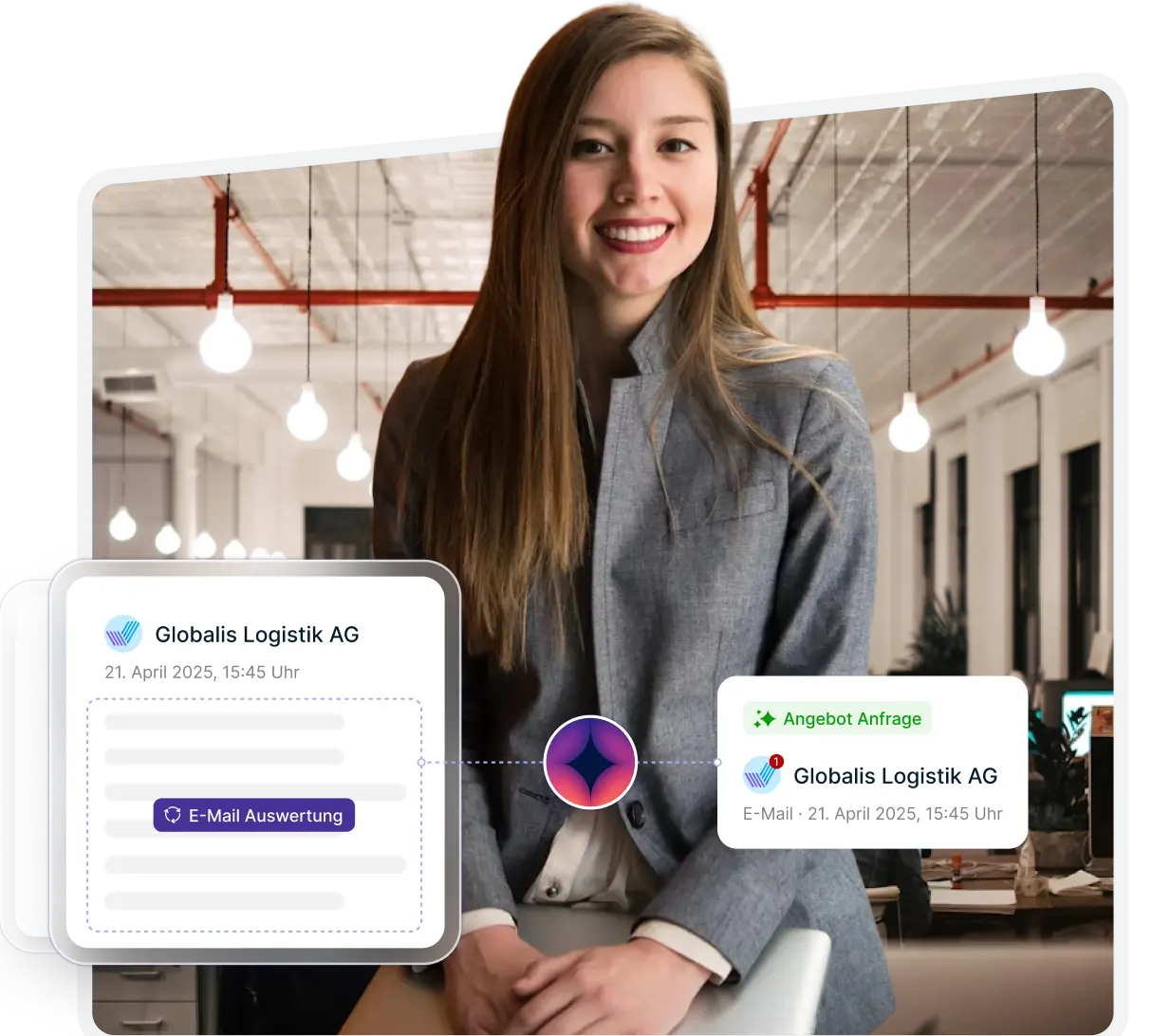 Junge Frau im grauen Blazer lächelt in einem modernen Büro, neben ihr Einblendungen mit Details zu einer E-Mail von Globalis Logistik AG mit Datum 21. April 2025 und einer Schaltfläche 'E-Mail Auswertung'.