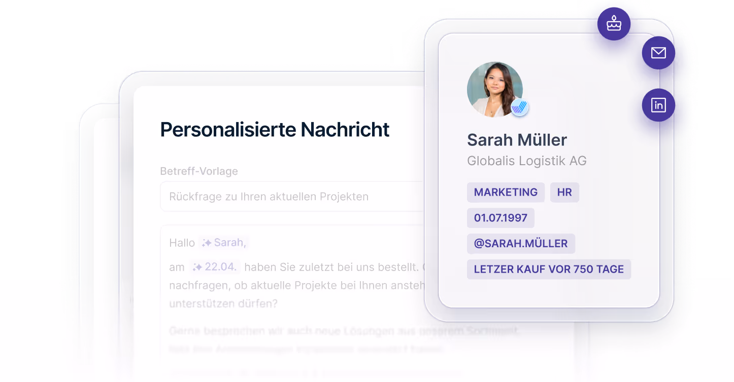 Benutzerprofil von Sarah Müller mit Foto, Firma Globalis Logistik AG und Details zu Marketing, HR, Geburtsdatum, Nutzername und letztem Kauf vor 750 Tagen.