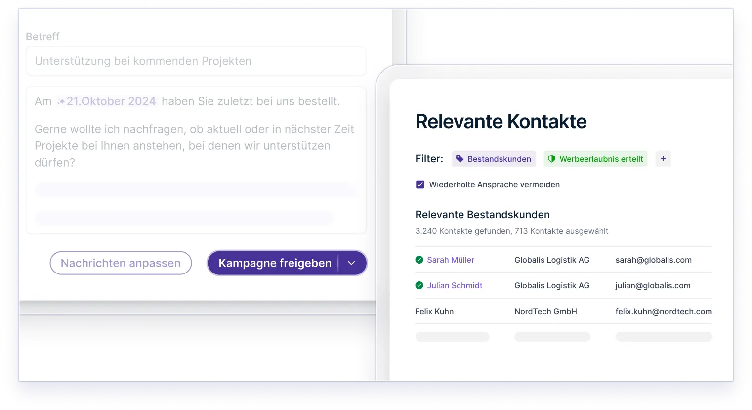 Interface mit einer Nachrichtenvorlage zur Projektunterstützung vom 21. Oktober 2024 und einer Liste relevanter Kontakte mit Filtern für Bestandskunden und Werbeerlaubnis.