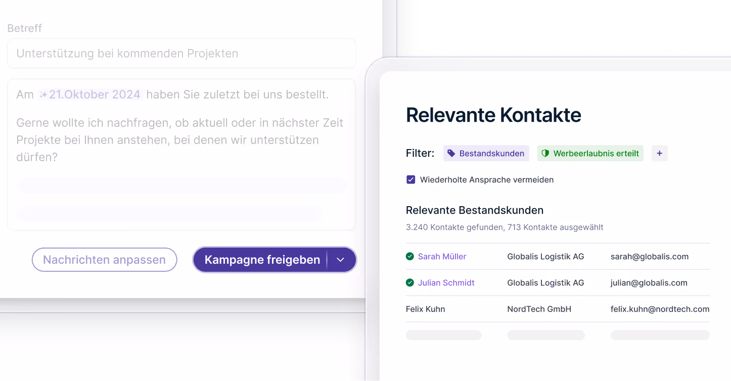 Screenshot eines Software-Dashboards mit einem E-Mail-Entwurf und einer Liste relevanter Kontakte, gefiltert nach Bestandskunden und Werbeerlaubnis.