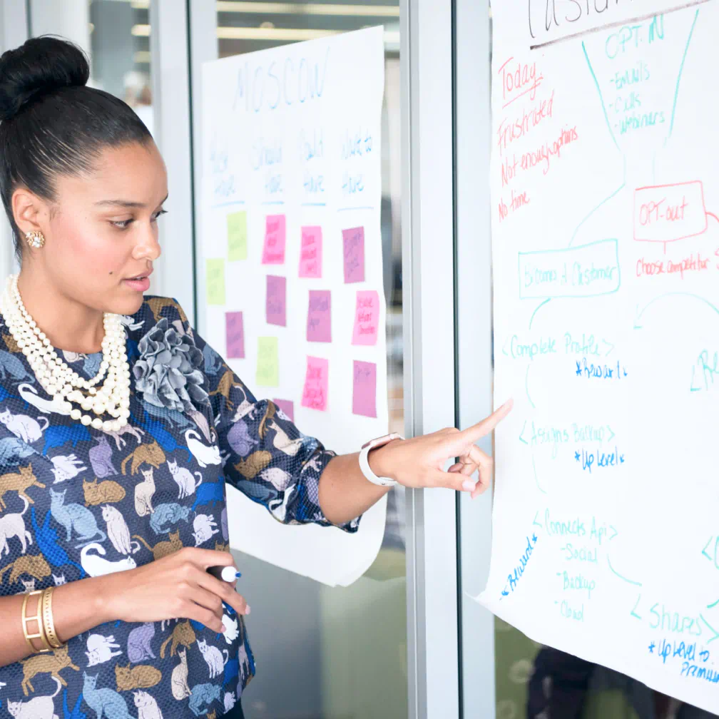 a woman standing in front of a whiteboard with writing on it - volunteer - best organization website webflow CMS template