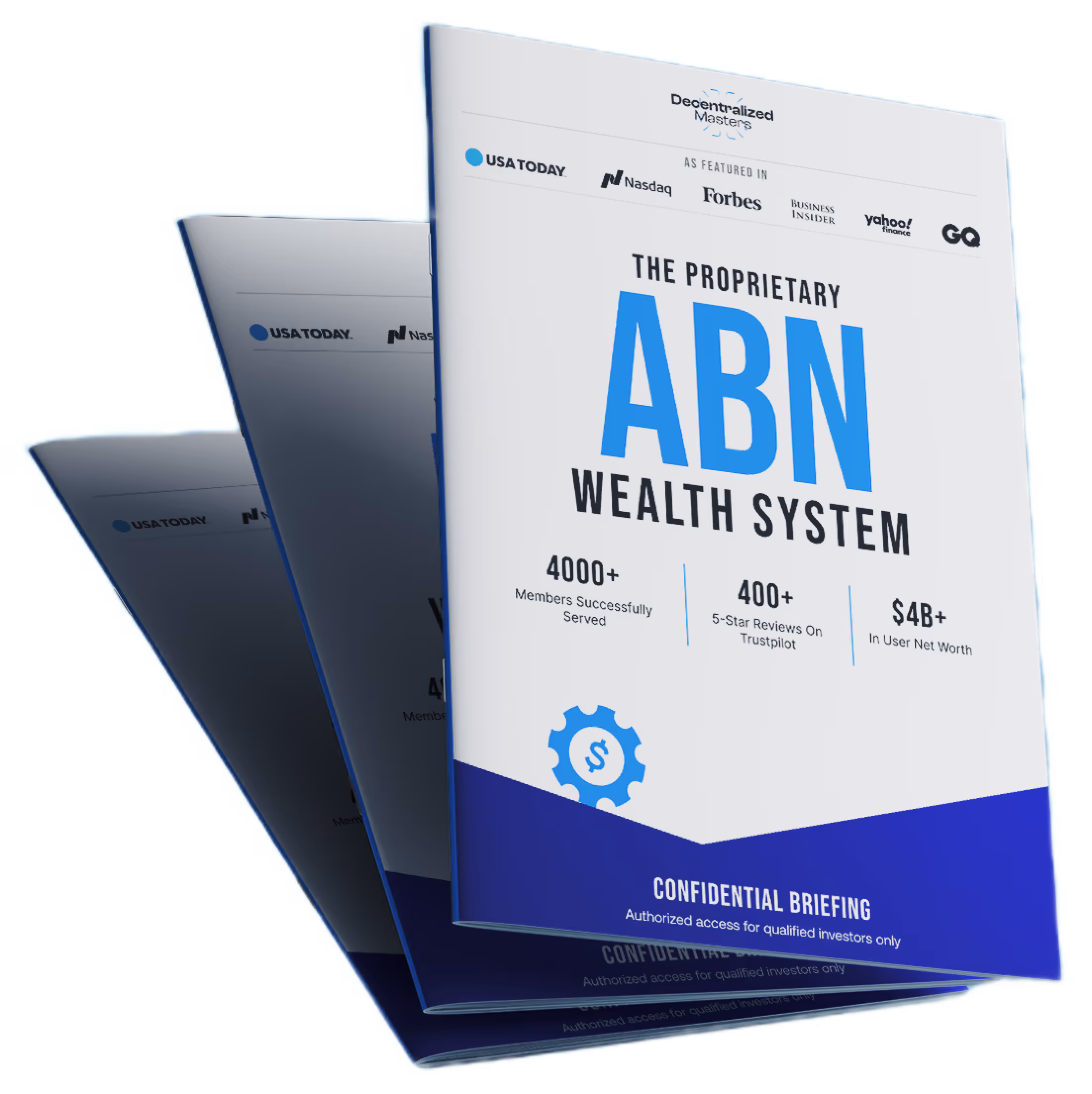 Booklet cover titled The Proprietary ABN Wealth System with logos of USA Today, Nasdaq, Forbes, Business Insider, Yahoo Finance, and GQ.