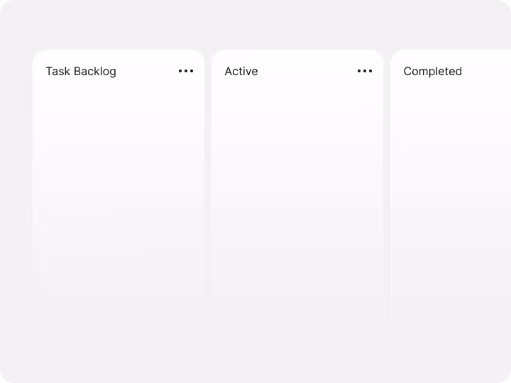 Three-column task management board with headers Task Backlog, Active, and Completed, each column empty with menu icons.