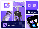 Collage featuring Dszign logo, app icons, and brand merchandise including a black t-shirt and purple water bottle.