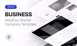 Webflow template cover displaying 'BUSINESS Webflow Starter Company Template' with abstract geometric shapes and grayscale design.