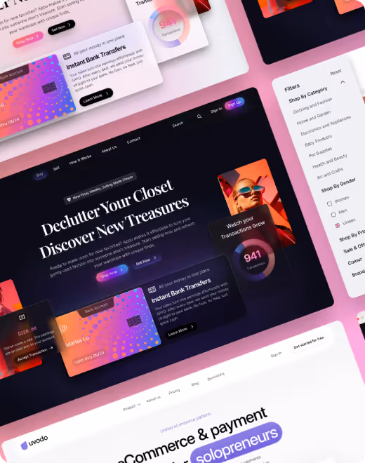 Modern website interface with dark theme featuring a headline 'Declutter Your Closet Discover New Treasures,' interactive cards for instant bank transfers, and category filters on a pink gradient background.