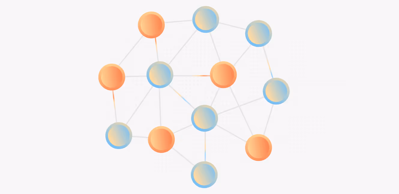 Network of orange and blue gradient nodes connected by thin gray lines on a light background.