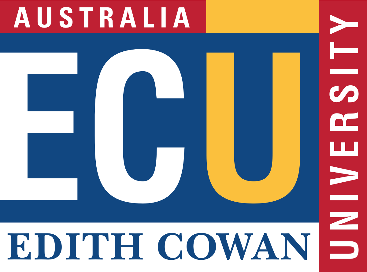 Logo of Edith Cowan University Australia with ECU initials in white and yellow on blue, and red and yellow blocks.