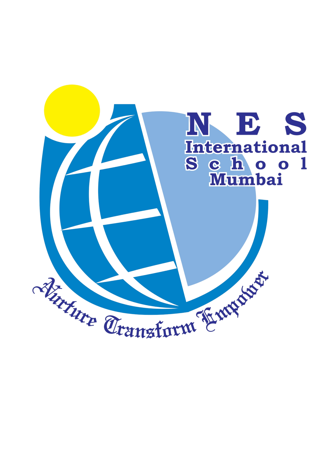 Logo of NES International School Mumbai featuring a stylized globe with a yellow sun and the motto 'Nurture Transform Empower'.