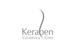 Keraben logo with stylized ceramic tile design in gray on black background.