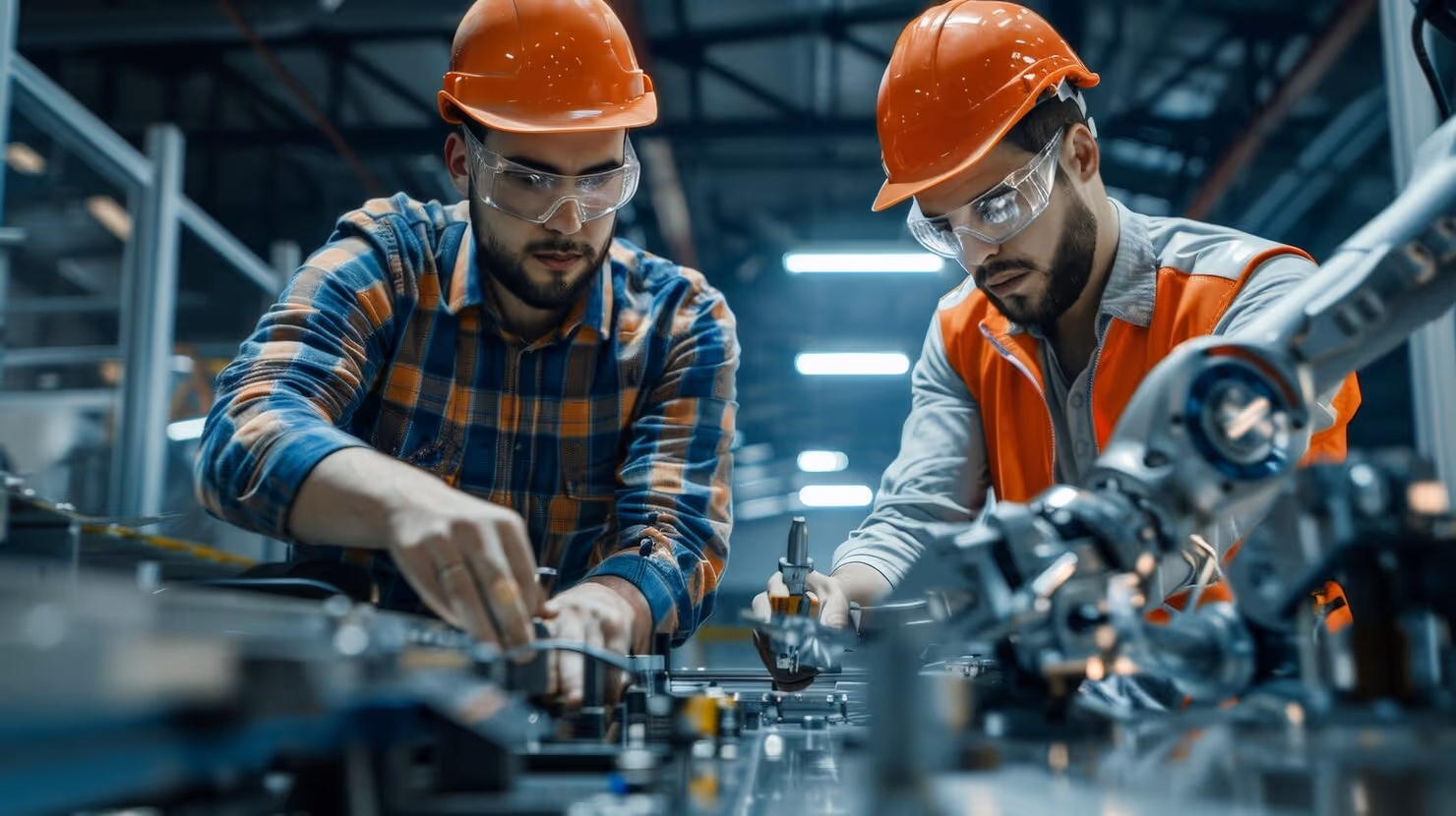 Two engineers wearing orange hard hats and safety glasses working on machinery in an industrial setting.