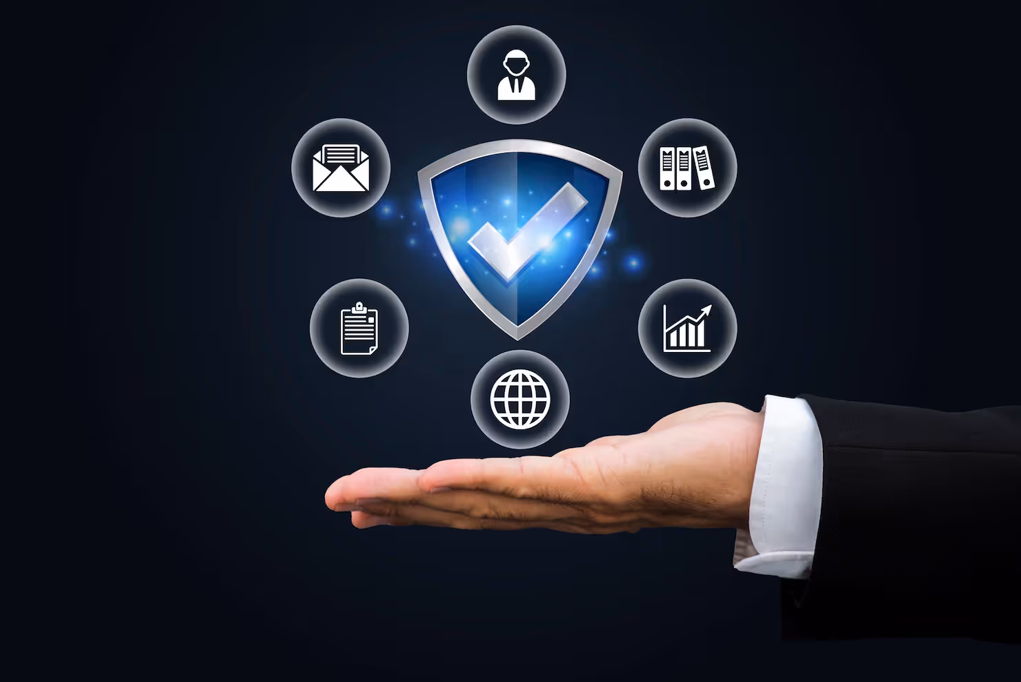 Open hand beneath floating icons including a shield with checkmark, envelope, person, folders, clipboard, graph, and globe representing security and business concepts.