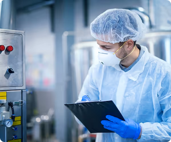 Scientist or technician in a protective suit, hairnet, mask, and gloves holding a clipboard and inspecting equipment in a lab or cleanroom.