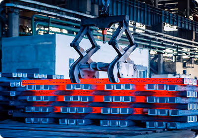 Industrial robotic arm lifting stacked metal rectangular tubes in a factory.