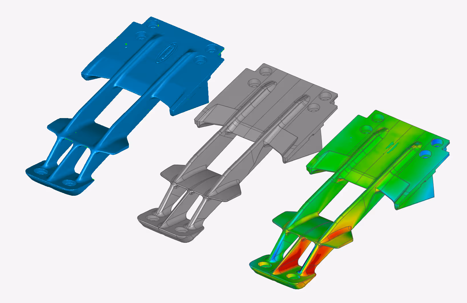 Three CAD models of a mechanical part showing solid, wireframe, and thermal stress analysis views.