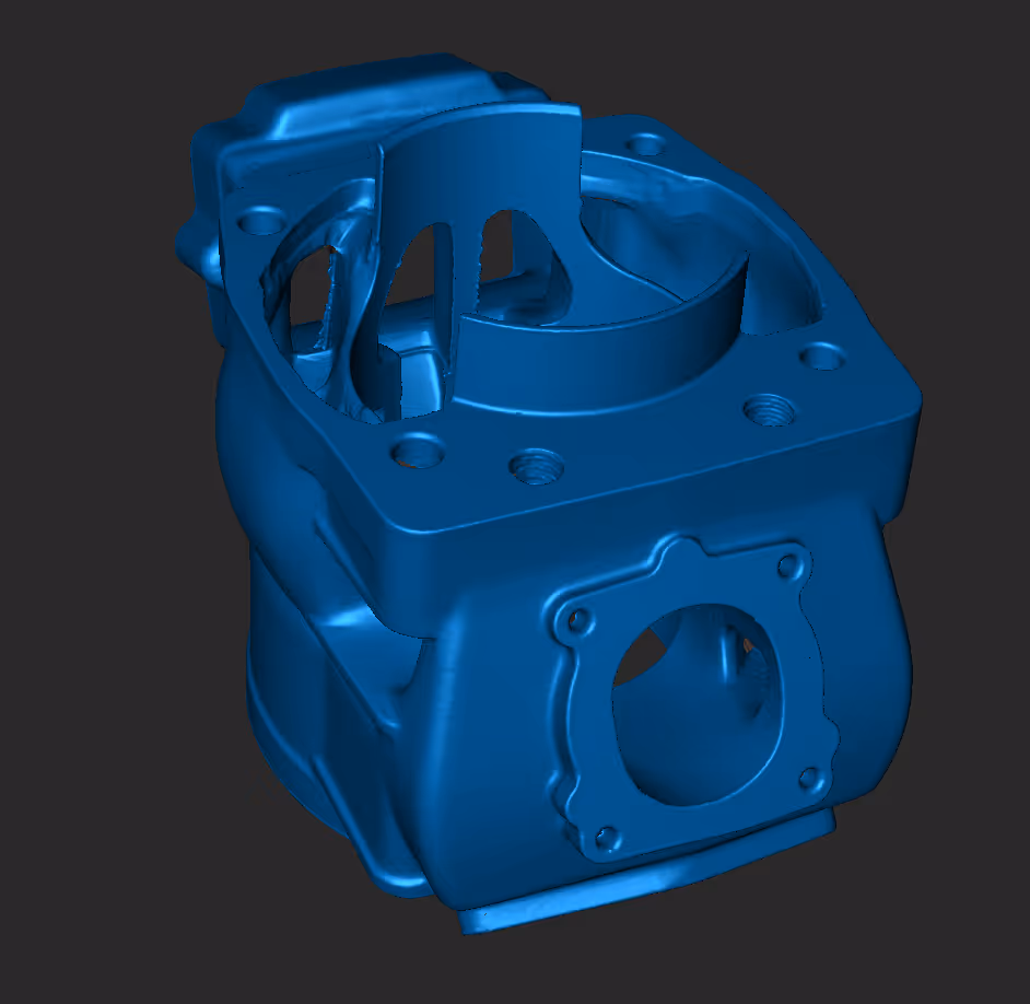 Blue 3D model of an engine cylinder block with mounting holes and internal compartments.
