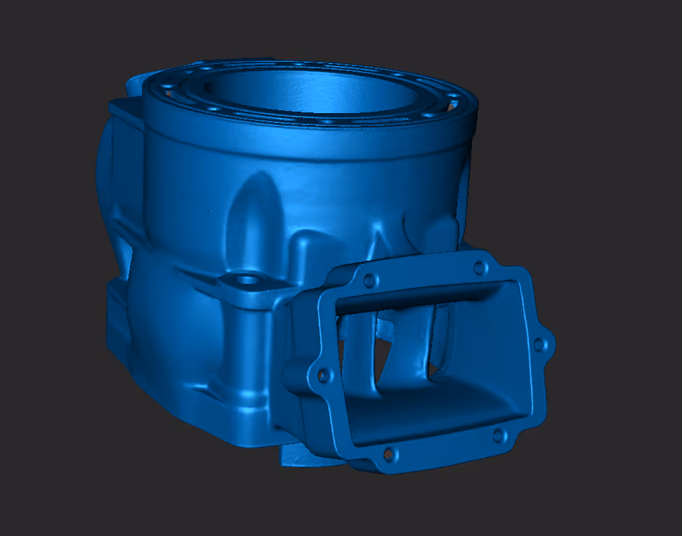 Blue 3D-rendered mechanical part with a cylindrical body and rectangular flange on a dark background.