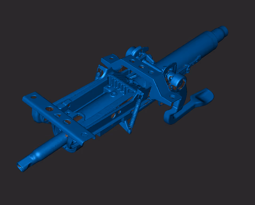 3D rendering of a blue mechanical device component with springs and lever on a dark background.