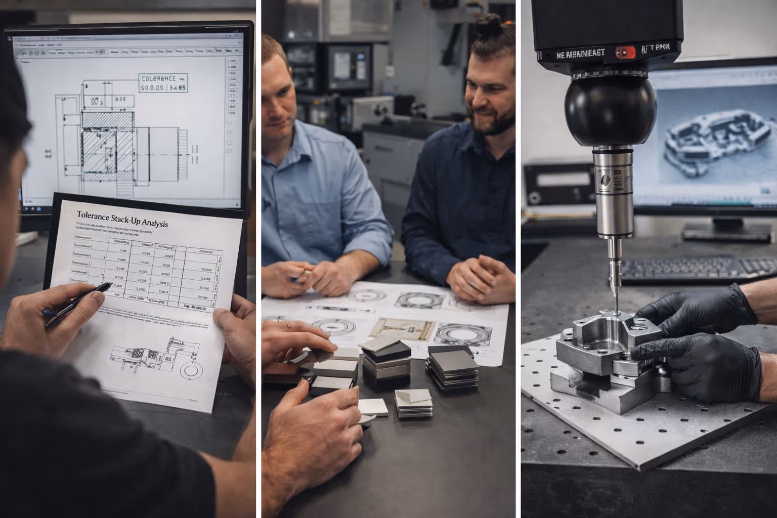 Engineers reviewing tolerance stack-up analysis documents and metal parts, and using a precision measuring instrument on a metal component in a workshop.