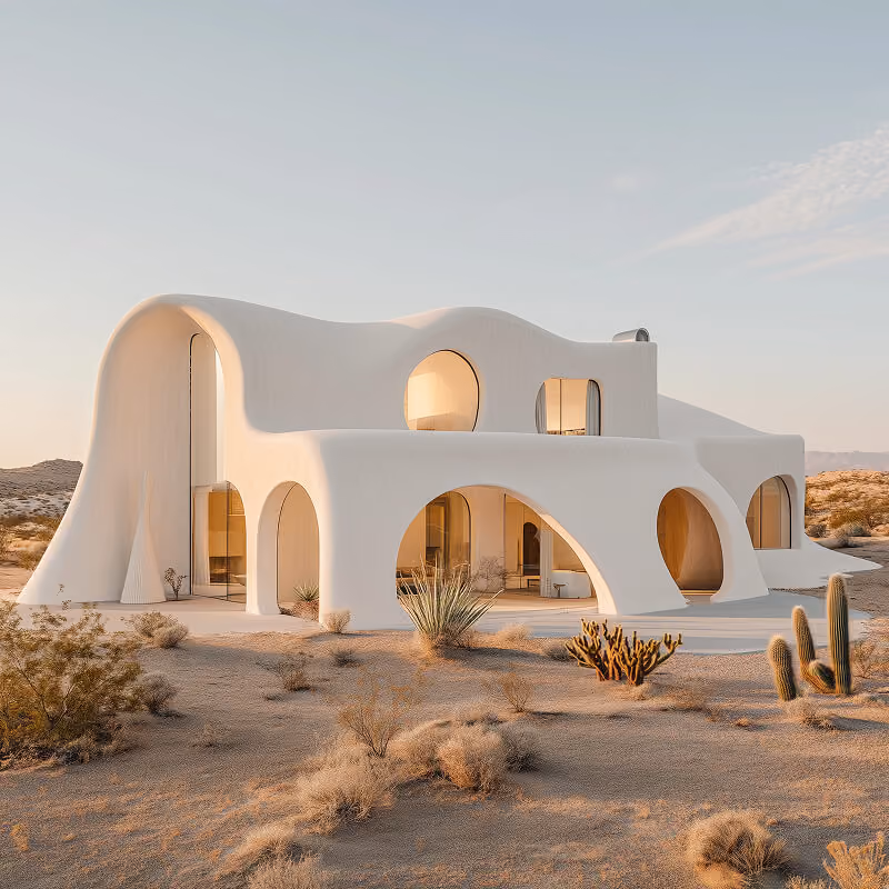Modern white sculptural house with curved architecture, arched windows, and desert landscape surroundings.
