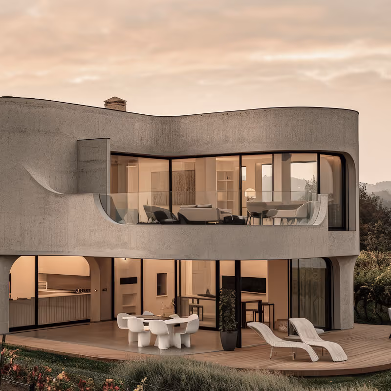 Modern two-storey luxury house with curved concrete architecture, large glass windows, and outdoor wooden deck seating.
