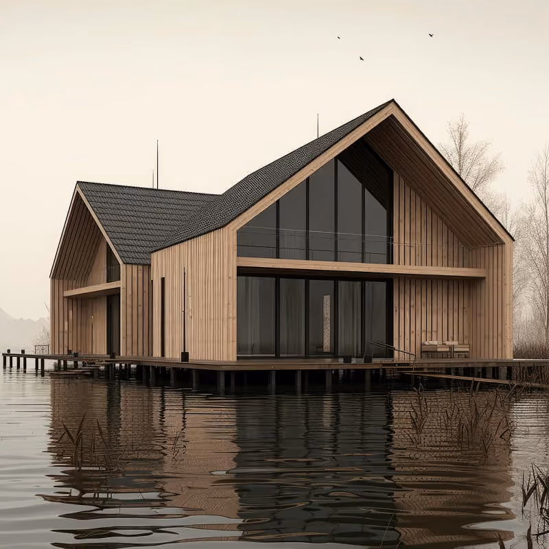 Modern wooden lake house with pitched roof, large glass facade, and reflection on calm water.