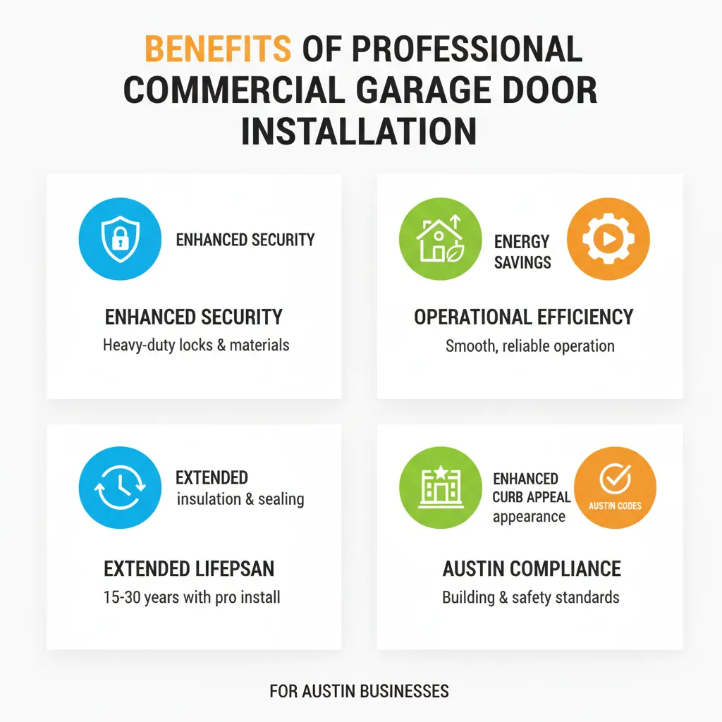 Infographic showing the key benefits of professional commercial garage door installation: enhanced security with heavy-duty locks and materials, energy savings through proper insulation and sealing, improved operational efficiency with smooth reliable operation, extended lifespan of 15-30 years with professional installation, enhanced curb appeal and professional appearance, and compliance with Austin building codes and safety standards - commercial garage door installation austin infographic 