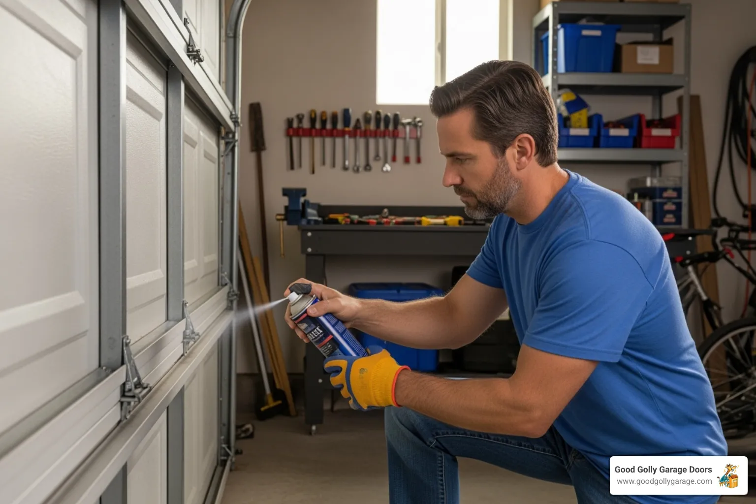 Homeowner lubricating their garage door rollers - residential garage door installation austin tx