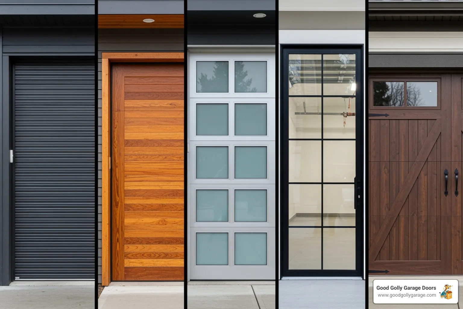 Collage showing different garage door materials like steel, wood, aluminum, glass, and composite - residential garage door installation austin tx