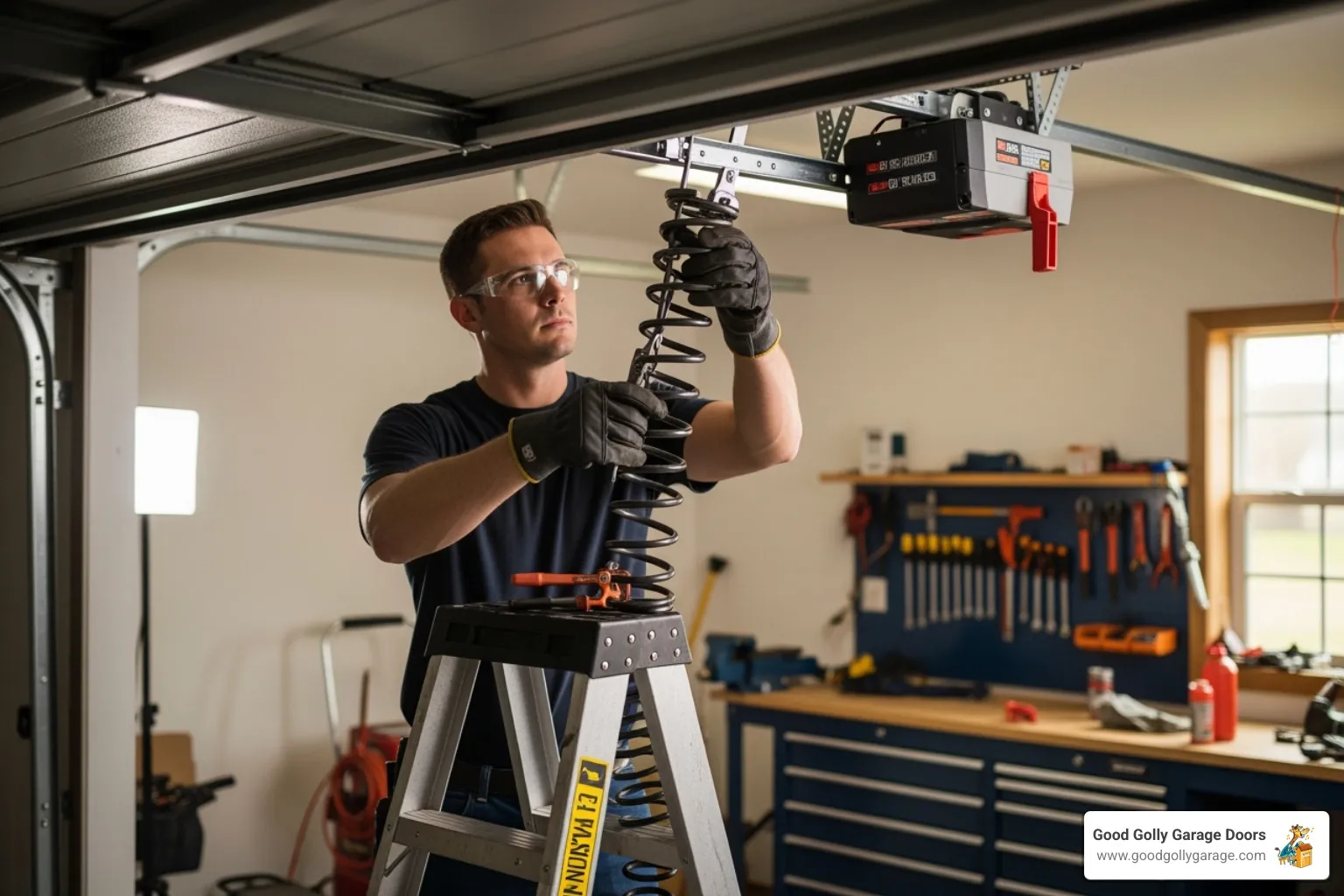 Technician carefully handling a high-tension garage door spring - residential garage door installation austin tx