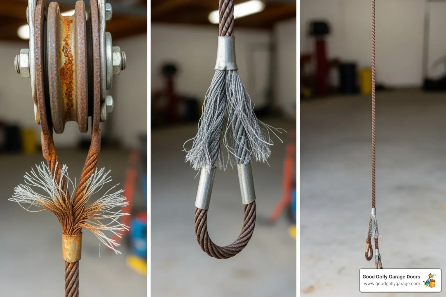 Image gallery showing close-ups of frayed, rusted, and slack garage door cables - garage door cables replacement austin tx
