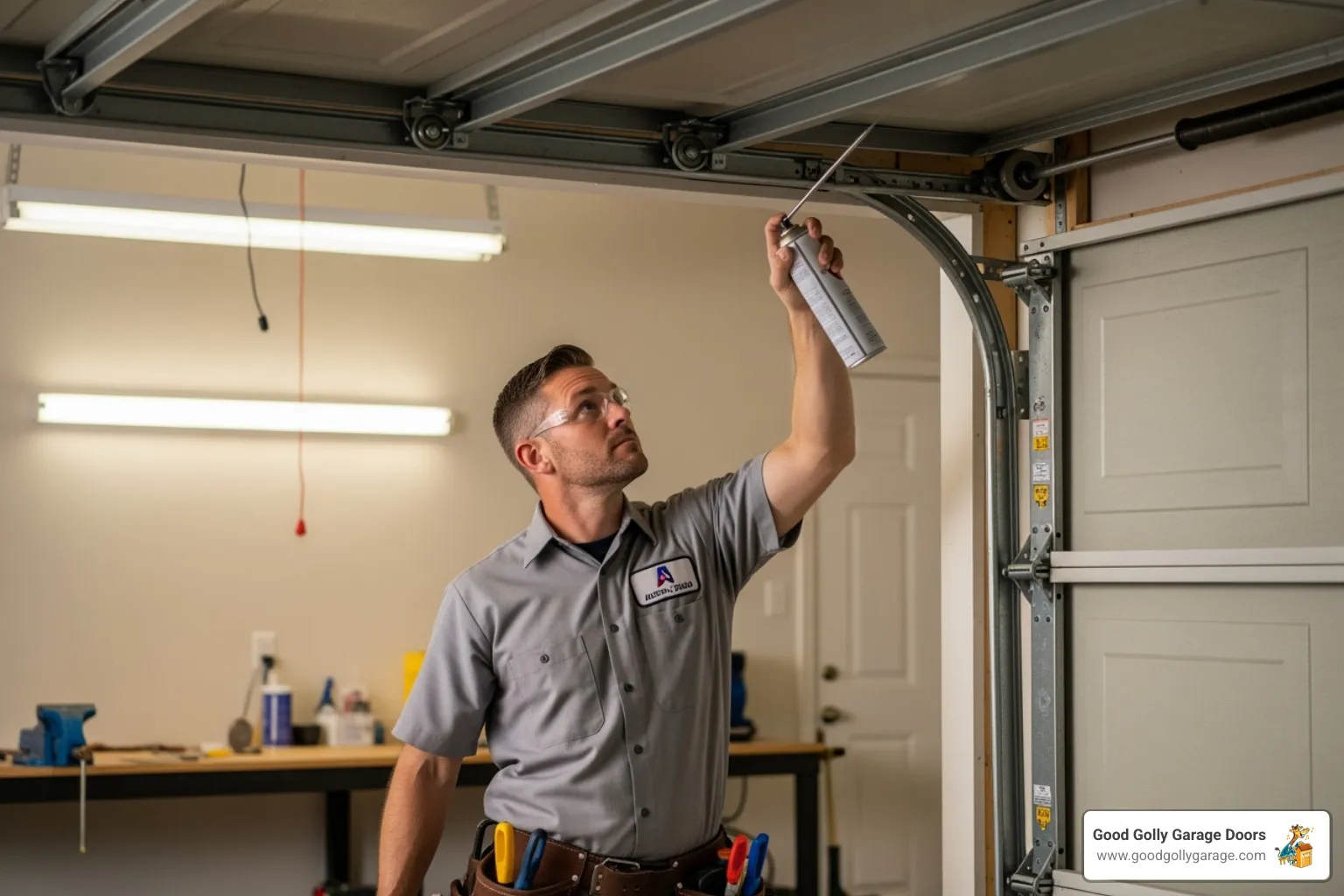 image of a technician performing annual maintenance on a garage door system in Austin, emphasizing lubrication and inspection - garage door cables replacement austin tx