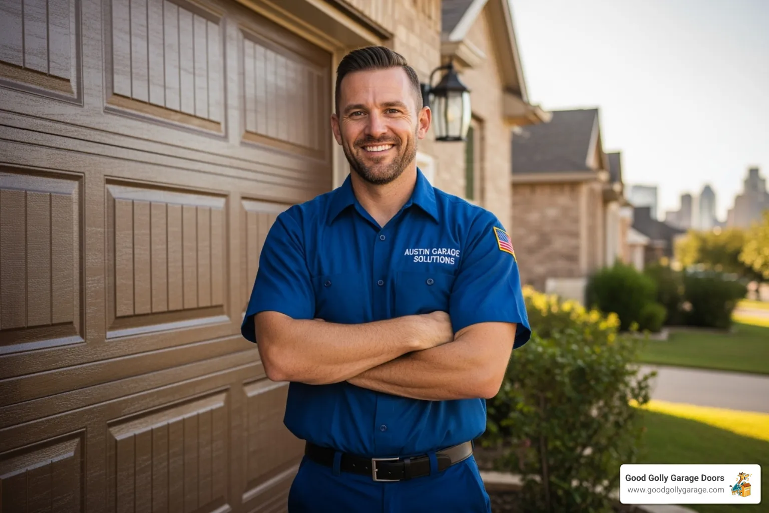 Austin TX garage door repair technician smiling after successfully completing a repair - garage door cables replacement austin tx