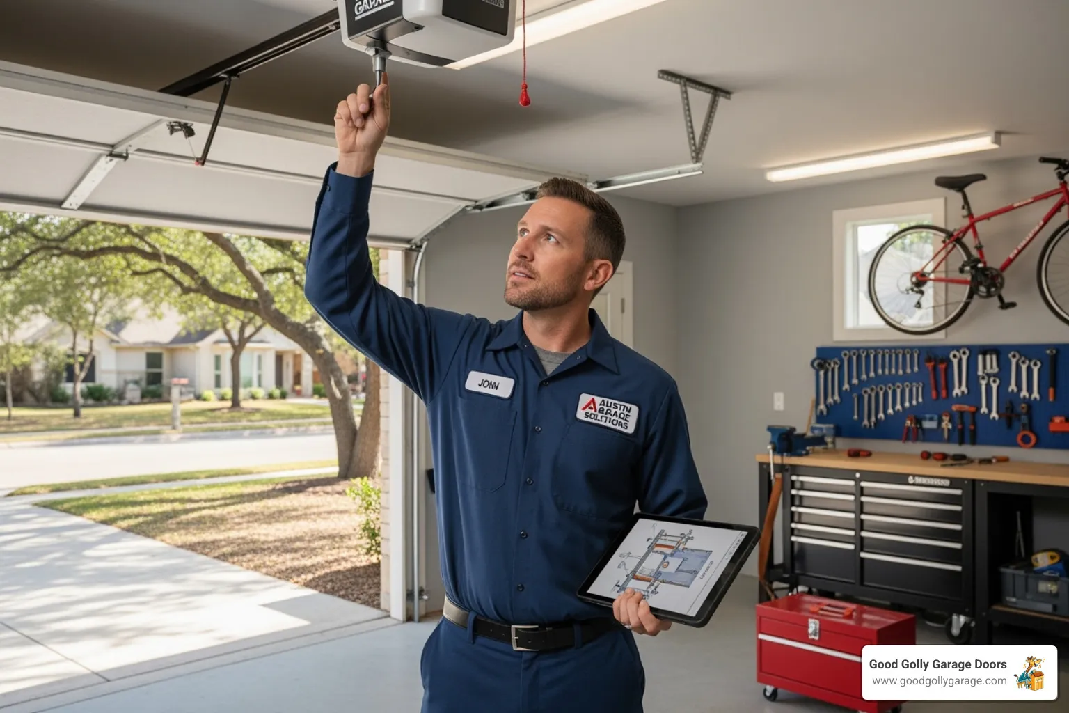 Image of a uniformed technician inspecting a garage door system in an Austin home - garage door cables replacement austin tx