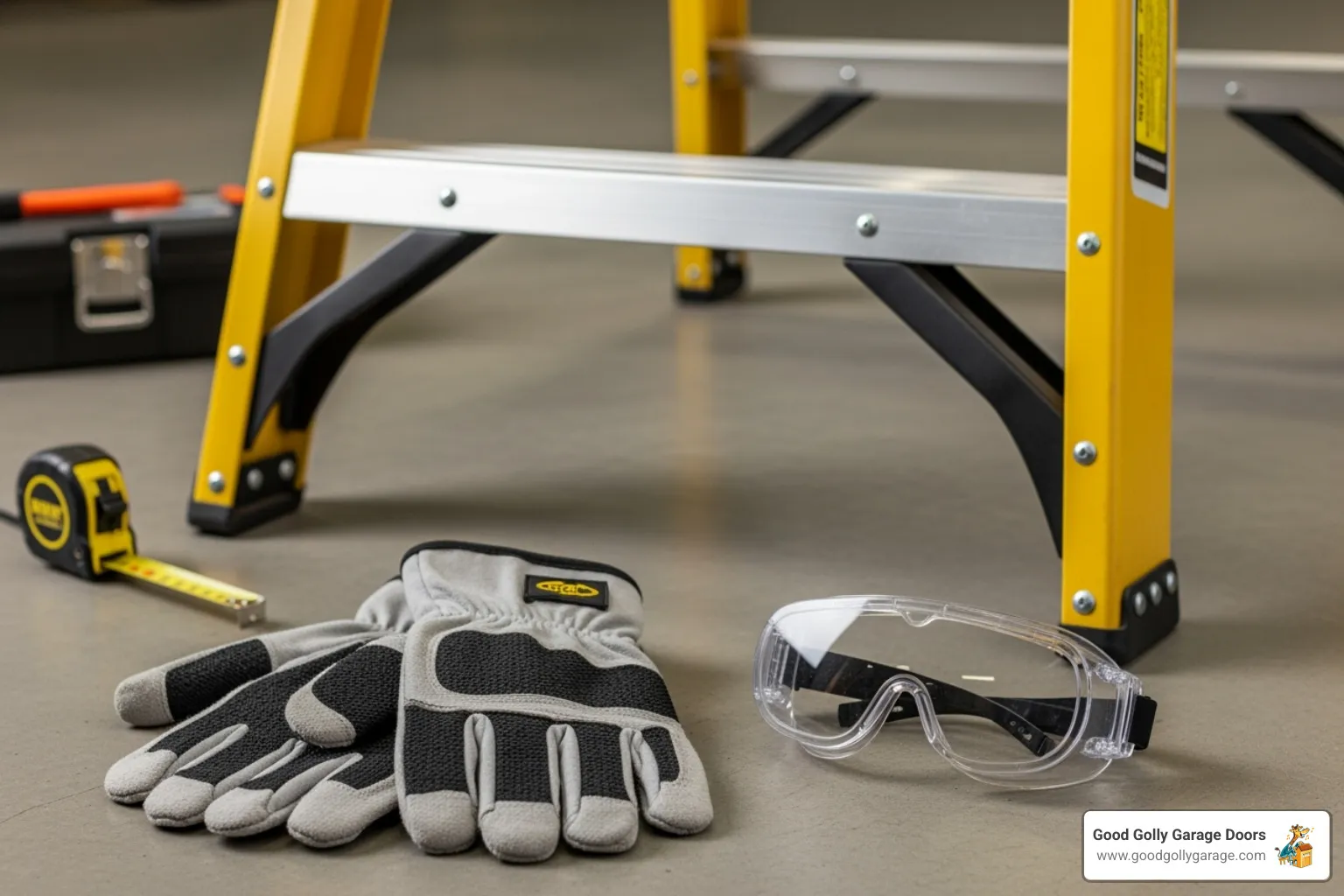 safety gear including goggles, gloves, and a sturdy ladder - garage door adjustment austin