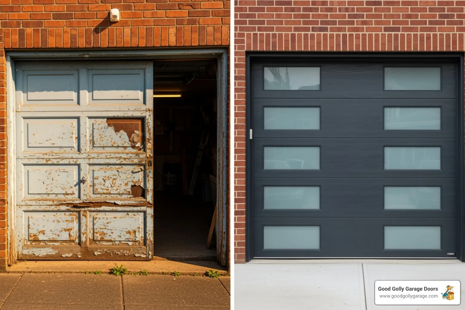Image showing a before-and-after of a garage door replacement - garage door repair in las vegas nv