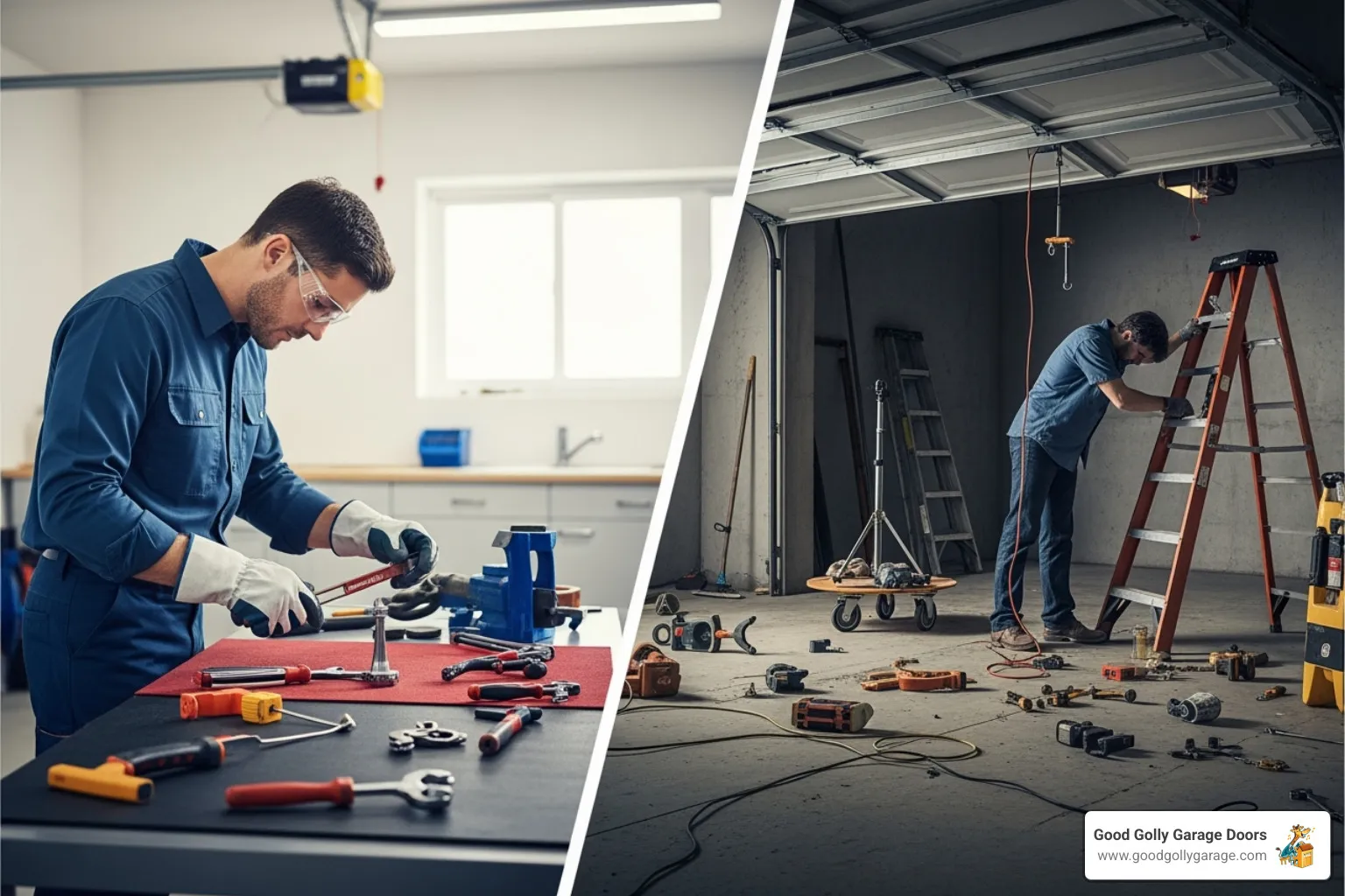 a side-by-side of a professional, clean garage door repair versus a messy, unsafe DIY attempt - certified garage door repair technician in las vegas nv