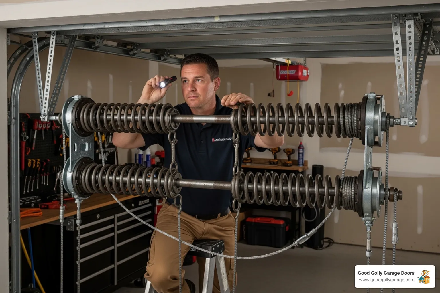 a technician carefully inspecting a garage door spring system - certified garage door repair technician in las vegas nv