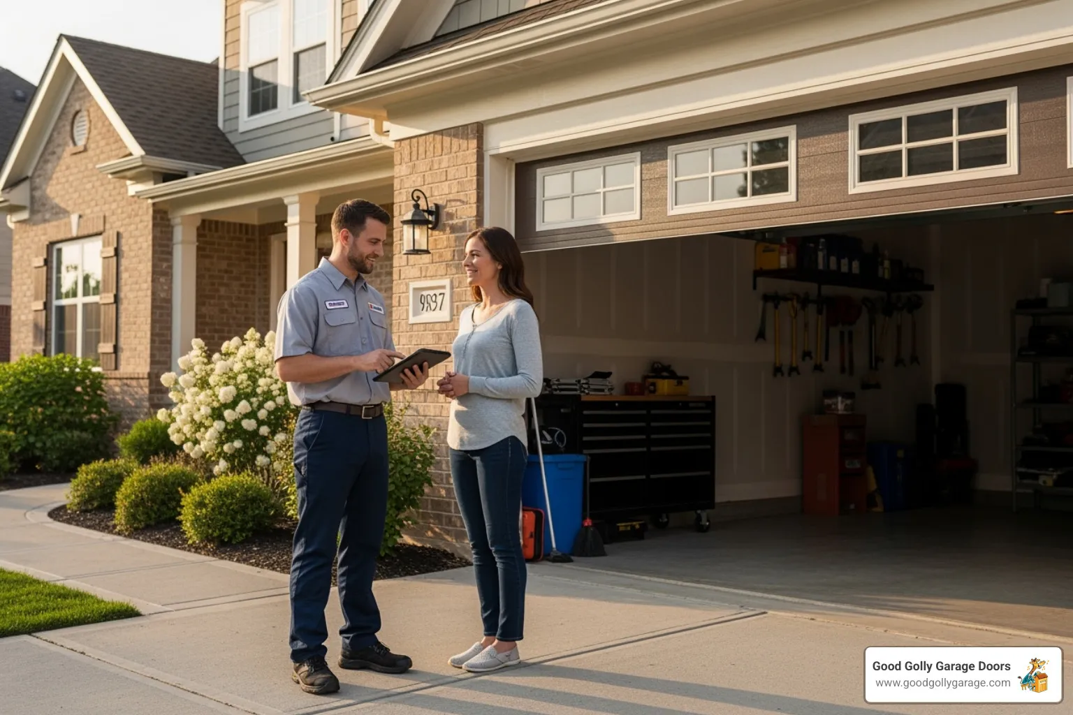 a friendly technician talking with a homeowner in front of their garage - certified garage door repair technician in las vegas nv