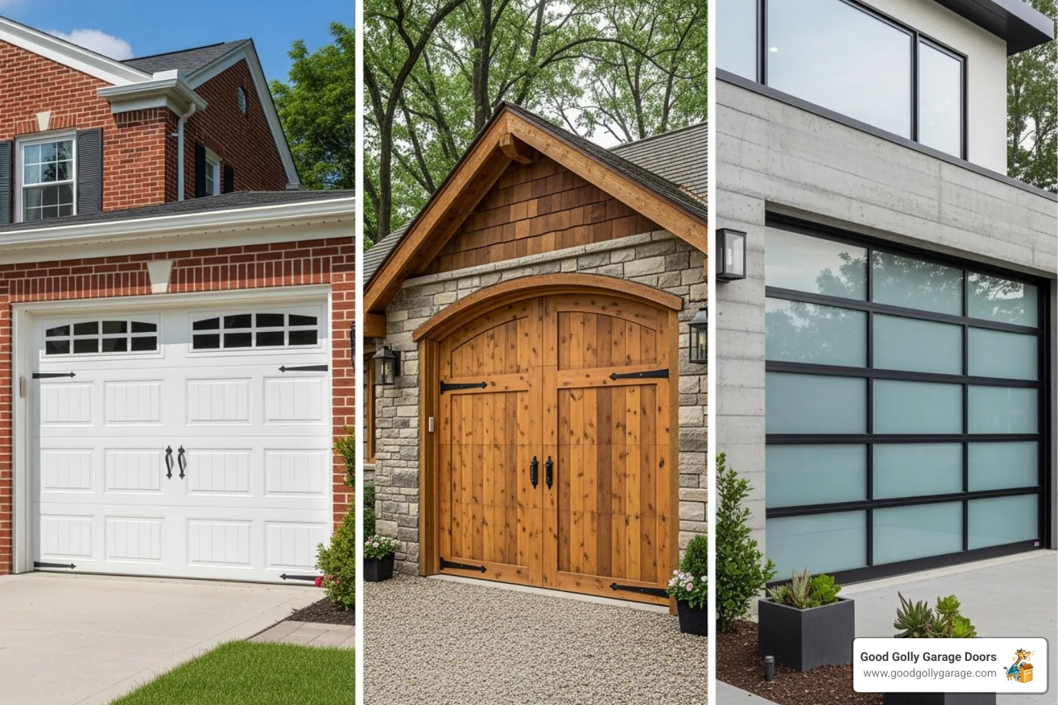 A collage showing three distinct garage door styles: a classic white panel traditional door, a rustic wooden carriage house door, and a sleek, modern full-view glass door. - garage doors repairs & installations