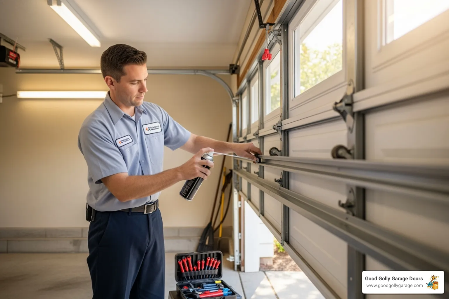A professional garage door technician lubricating the tracks and rollers of a residential garage door. - garage doors repairs & installations