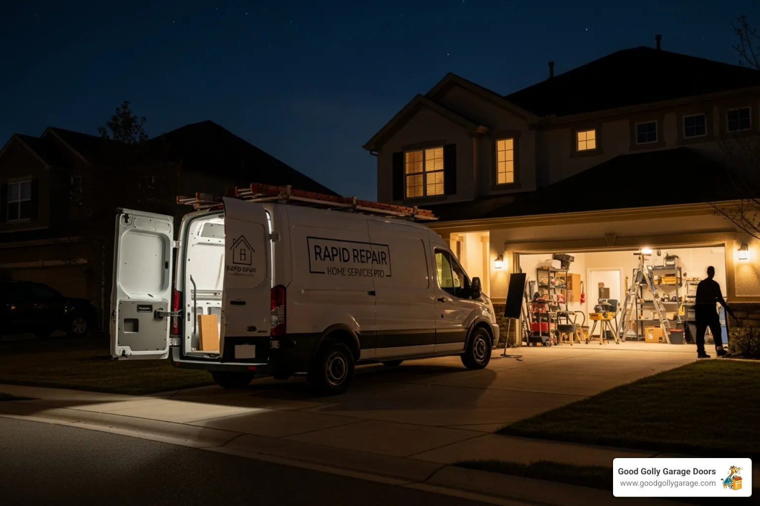 Good Golly Garage Doors service van parked in front of a house at night, with the garage door partially open, indicating an emergency repair. - garage doors repairs & installations