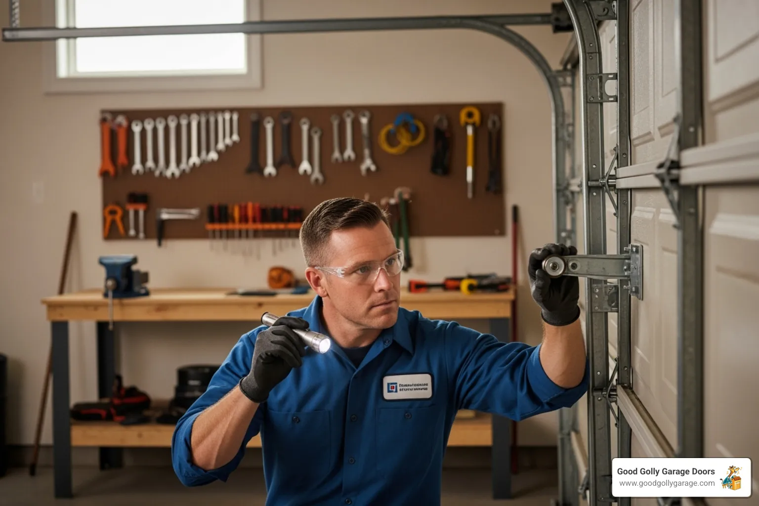 technician inspecting garage door - garage door repair for large homes in las vegas nv